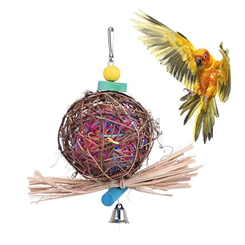 Keersi Juguete para masticar pájaros, bola de ratán natural, viene con tiras de papel para loros, periquitos, cacatúas, cortones, cacatúas, guacamayos, ecléctos de Amazon