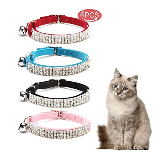 Kingkindshun 4pcs Collar para Gato de Terciopelo Suave Diseño de Bling Diamante con Campanas 11 Pulgadas para Gatos y Perros Pequeños