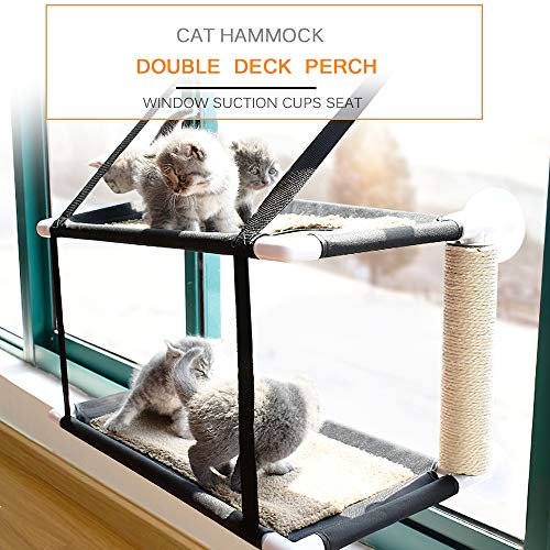Kshzmoto Ventana de Gato Cama con Hamaca de Percha Doble Cubierta Ventana Ventosas Asiento Estantes para Gatos Cama de Hamaca para Tomar el Sol Cama para Gato Sostener hasta 20 kg 44 LB