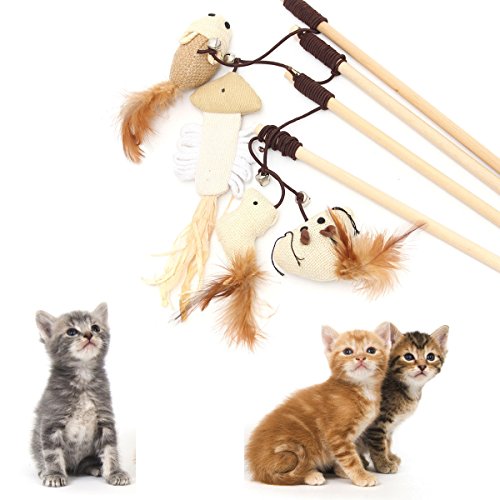 Kungfu Mall Pet Cat Kitten Toy Teaser Varita ratón de bola plumas Play Toy