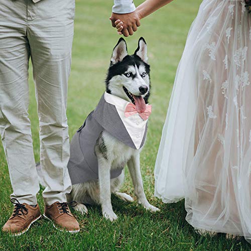 Kuoser Traje de Esmoquin para Perros de Tamaño Pequeño/Mediano/Grande, Ropa para Mascotas, Camisa para Cachorros con Lazo Rosa Extraíble, Disfraz Formal para Bodas y Festivales