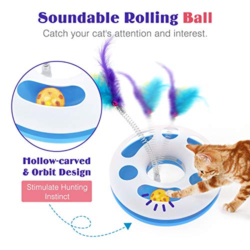 Lewondr Juguetes Interactivos para Mascotas, Juguete para Mascotas con Forma de Rueda con Ratón, Pluma, Juguetes de Entretenimiento Ideal para Ejercicio, Descanso, Interacción para Gatos, Azul