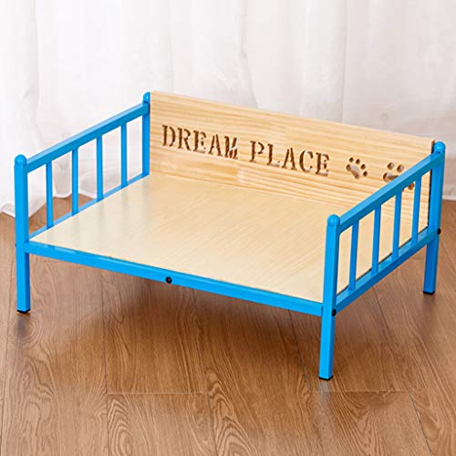 LTLJX Cama para Mascotas, Deluxe Madera Elavada Cama de Perro Sofá Metal 3 Barandas Estilo Europeo Adecuada para Gatos Y Perros Pequeños Y Medianos Todas Las Estaciones,Azul,S57*44 * 27cm