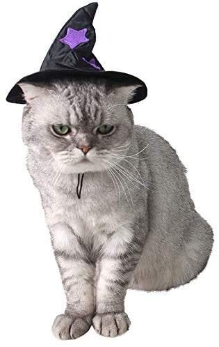 Luckylele Halloween mascota sombrero halloween mago sombrero negro sombrero púrpura estrellas perro tocado halloween mascota papel juego traje Perro y gato