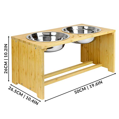 Maison & White Cuencos dobles para mascotas | Perro / Gato 2 en 1 Comida y agua Cuencos de metal | Alimentador de pie de bambú elevado (Grande)