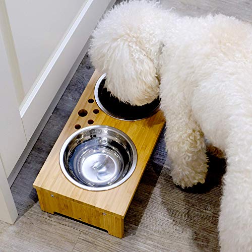 Maison & White Cuencos dobles para mascotas | Perro / Gato 2 en 1 Comida y agua Cuencos de metal | Alimentador de pie de bambú elevado (Grande)