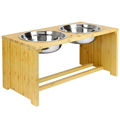 Maison & White Cuencos dobles para mascotas | Perro / Gato 2 en 1 Comida y agua Cuencos de metal | Alimentador de pie de bambú elevado (Grande)