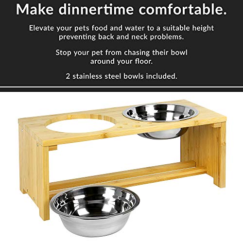 Maison & White Cuencos Dobles para Mascotas | Perro / Gato 2 en 1 Comida y Agua Cuencos de Metal | Alimentador de pie de bambú Elevado (Mediano)