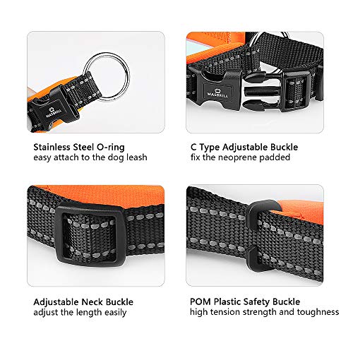 MASBRILL Collar de Perro Duradero y Reflectante, Ajustable Collar para Perros Grandes o Pequeños, Fabricado de Nylon con Suave Acolchado (Naranja L)
