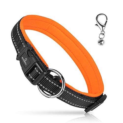 MASBRILL Collar de Perro Duradero y Reflectante, Ajustable Collar para Perros Grandes o Pequeños, Fabricado de Nylon con Suave Acolchado (Naranja L)