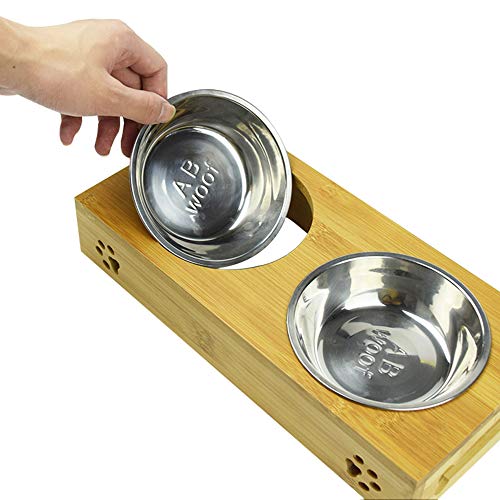 MIGHTYDUTY Bol de bambú elevado para mascotas y alimentos para gatos y gatos pequeños, cuenco elevado con 2 cuencos de acero inoxidable antideslizante para alimentador