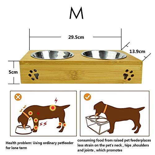 MIGHTYDUTY Bol de bambú elevado para mascotas y alimentos para gatos y gatos pequeños, cuenco elevado con 2 cuencos de acero inoxidable antideslizante para alimentador