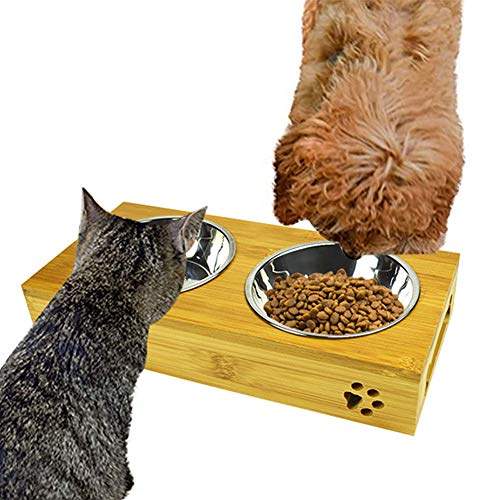 MIGHTYDUTY Bol de bambú elevado para mascotas y alimentos para gatos y gatos pequeños, cuenco elevado con 2 cuencos de acero inoxidable antideslizante para alimentador