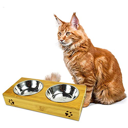 MIGHTYDUTY Bol de bambú elevado para mascotas y alimentos para gatos y gatos pequeños, cuenco elevado con 2 cuencos de acero inoxidable antideslizante para alimentador