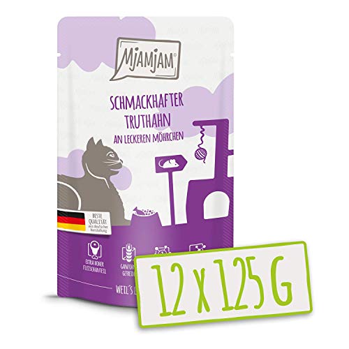 MjAMjAM - Pienso acuoso para Gatos - Sabroso Pavo sobre deliciosas Zanahorias - Sin Cereales - Pouch 12 x 125 g