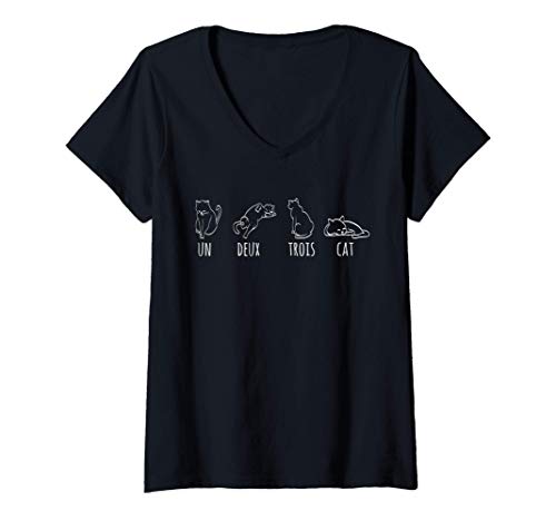 Mujer Lindo Resumen Uno Dos Tres Gato Francés Gatito Camiseta Cuello V