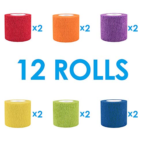 Nasjac Vendaje Autoadhesivo para Mascotas, 12 Rollos de Cinta, 2" x 5 Yardas Cada uno después de estirado (Couleur mélangée, 12 Rouleaux) (Couleur mélangée, 12 Rouleaux)