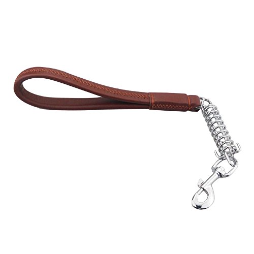Negro Marrón 12"de Cuero Genuino Perro Corto Leash Plomo Pesado para Perro Grande con Amortiguador de Acero Inoxidable Choque Primavera