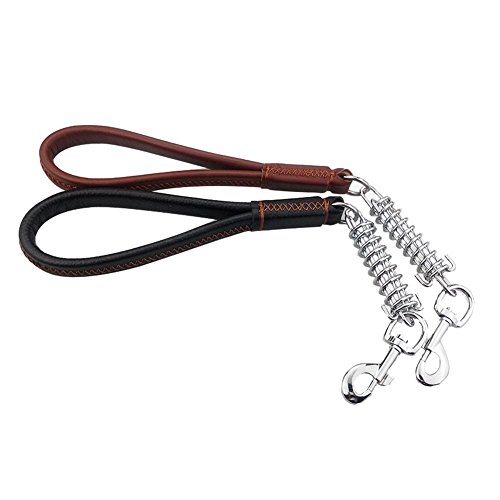 Negro Marrón 12"de Cuero Genuino Perro Corto Leash Plomo Pesado para Perro Grande con Amortiguador de Acero Inoxidable Choque Primavera