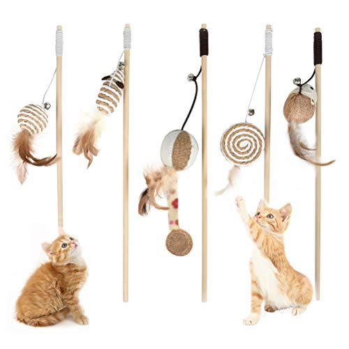 OFNMY 5pcs Juguetes para Gatos con Plumas Interactivo Varita de Vara Caña de Juegos