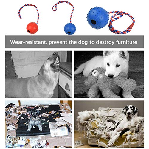 OFNMY Pelota de perro con cuerda, goma natural duradera para masticar perros juguete de lanzar juego de pelota para perros, perfecto juguete de entrenamiento de perro, rojo y azul