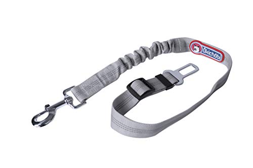 OKICHOBI | Correa de seguridad para perros para coches | 45 cm – 65 cm ajustable con 12 cm de margen por goma | Correa gris con hebilla plateada y mosquetón