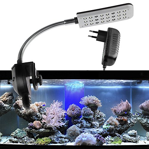 ONEVER Lámpara del Tanque de Pescado de la luz de la Abrazadera del Acuario, 2 Modo Azul y Blanco, 1.5W 24 llevó con el Enchufe de la UE