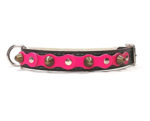Original Collar para Perro de Cuero Negro y Lila Fucsia con Pinchos, Todas las Tallas, Correa Opcional, Piel de Calidad, Diseño Hecho a Mano, Mediano, 50 cm M-wide: Cuello 35-40 cm, Ancho 28mm