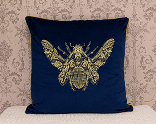 Paoletti Riva Cerana Cojín Azul Real Super Suave Terciopelo De La Tela Bordada Diseño De La Abeja De Oro Hilo Bordes 100% Poliéster 50 X 50Cm (20" X 20" Pulgadas), 50x50cm
