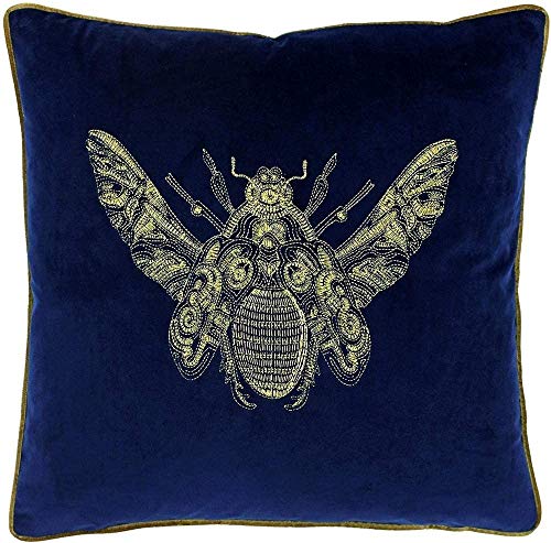Paoletti Riva Cerana Cojín Azul Real Super Suave Terciopelo De La Tela Bordada Diseño De La Abeja De Oro Hilo Bordes 100% Poliéster 50 X 50Cm (20" X 20" Pulgadas), 50x50cm