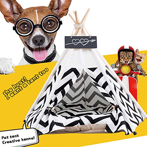 PETAMANIM Petit Tipi pour Chien et Chien Maison ou Tente Avec Embout pour Chien ou Animal de Compagnie Amovible et Lavable Avec Matelas,Blanco,Large