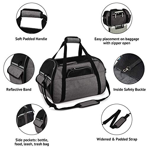 Petcomer Transportín para Perros Y Gatos Portador del Mascota Bolsa de Malla Transpirable de Viaje Bolso de Hombro(Gris, L 48x25x33 cm)