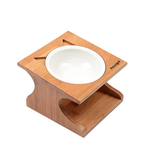 Petsoigné Cuenco para Gatos Perros Elevado Comedero Gato Perro en Cerámica/Acero Inoxidable con Soporte de Madera (1 Cuenco, Cerámica)
