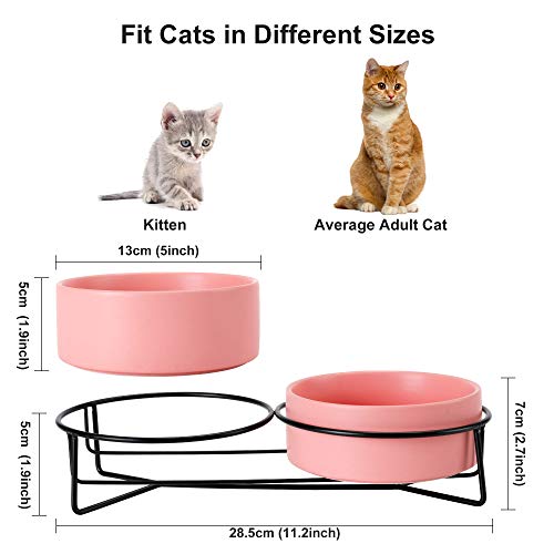 PETTOM Cuenco Cerámico del Gato,Tazón para Mascotas Antideslizantes Plato Doble Comedero Gatos Perros con Soporte Elevado para Alimentos y Agua (Rosado+Rosado)