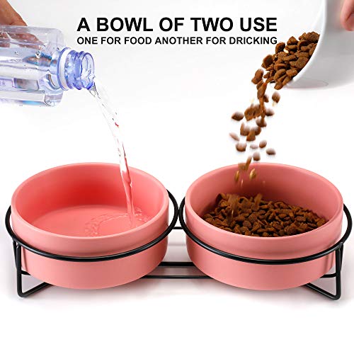 PETTOM Cuenco Cerámico del Gato,Tazón para Mascotas Antideslizantes Plato Doble Comedero Gatos Perros con Soporte Elevado para Alimentos y Agua (Rosado+Rosado)