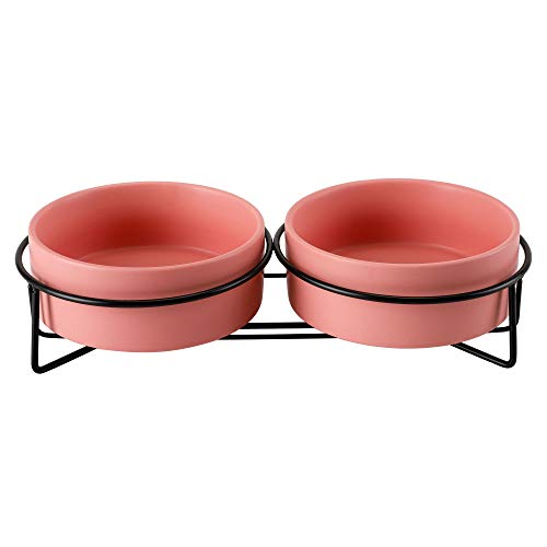 PETTOM Cuenco Cerámico del Gato,Tazón para Mascotas Antideslizantes Plato Doble Comedero Gatos Perros con Soporte Elevado para Alimentos y Agua (Rosado+Rosado)