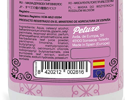 Petuxe Mascarilla para Mascotas. Mascarilla Vegana Perros. Mascarilla Gatos. Todas Las Razas. Todo Tipo de Pelo. Hidratación y Brillo. con Aloe Vera - 300 ml