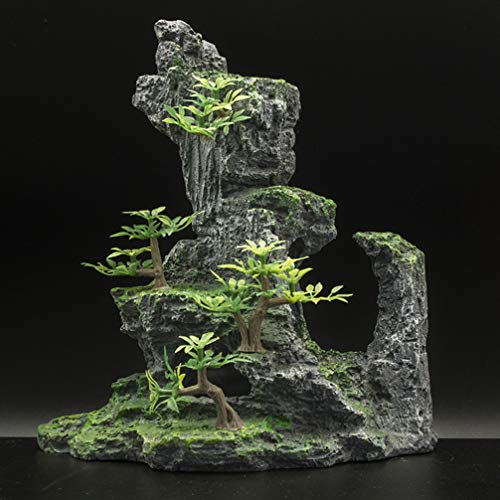 POPETPOP Acuario Montaña Vista Piedra Ornamento Musgo Árbol Roca Cueva Artificial Peces Tanque Decoración con Plantas Pequeñas Verde