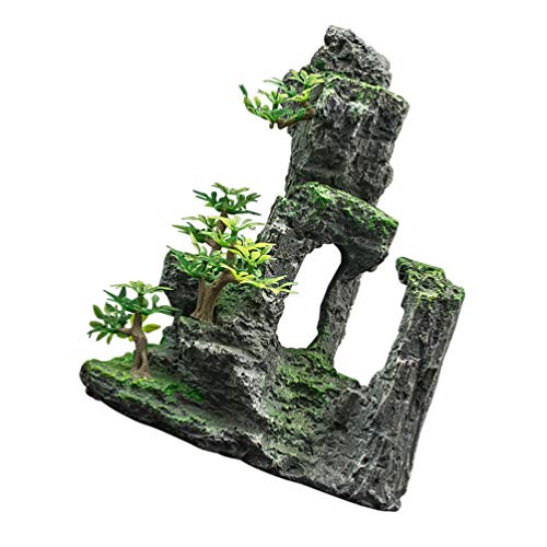 POPETPOP Acuario Montaña Vista Piedra Ornamento Musgo Árbol Roca Cueva Artificial Peces Tanque Decoración con Plantas Pequeñas Verde