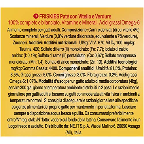 PURINA FRISKIES Húmedo Gato Paté con Ternera y Verduras – 24 latas de 400 g (Paquete de 24 x 400 g)
