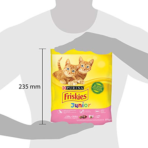 Purina Friskies Pienso para Gatos Junior con Pollo, Leche y Verduras añadidas, 12 Bolsas de 375 g Cada uno