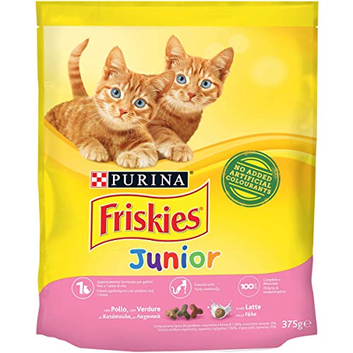 Purina Friskies Pienso para Gatos Junior con Pollo, Leche y Verduras añadidas, 12 Bolsas de 375 g Cada uno