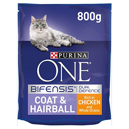 Purina One Coat and Hairball - Alimento seco para Gatos para Adultos Ricos en Pollo y Granos integrales, 800 g (Paquete de 4)