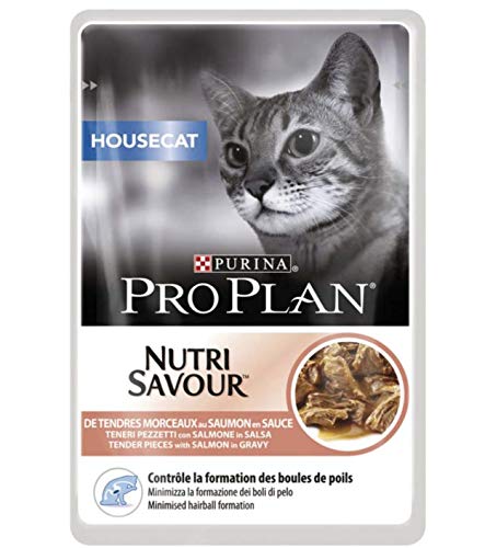 Purina Pro Plan Nutrisavour Housecat 40 x 85 g Alimentos húmedos – Salmón – Minimiza la formación de bolas de pelo y reduce el olor de la caja de arena viene con un juguete de gato de peluche