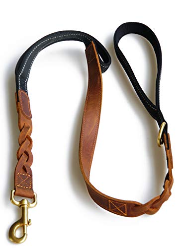 QINGMAI Correa de piel para perro, hecha a mano, 100 cm de largo, resistente y duradero, para entrenamiento GEH para perros pequeños, medianos y grandes (marrón rojo)