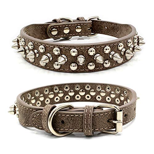 quanju cheer Nuevo Collar De Plata para Mascotas Espárragos De Cuero Collar De Perro Ant Mordedura Punk Collar De Perro Pequeño Grande Correa marrón SNone