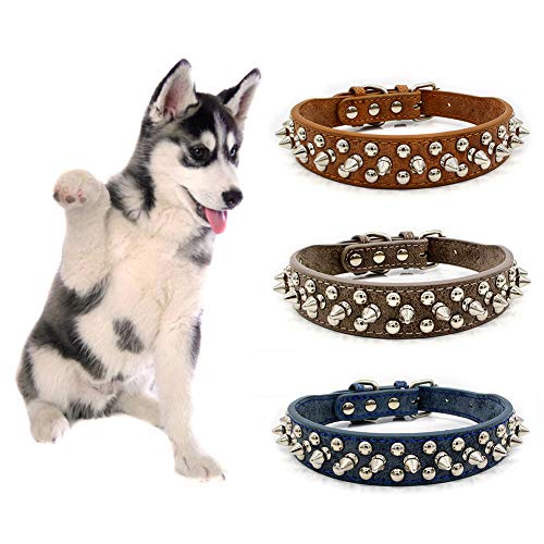 quanju cheer Nuevo Collar De Plata para Mascotas Espárragos De Cuero Collar De Perro Ant Mordedura Punk Collar De Perro Pequeño Grande Correa marrón SNone
