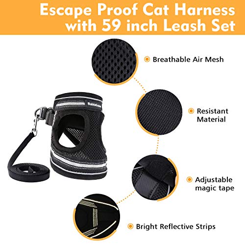 rabbitgoo Arnes Gatos y Correa 150cm Chaleco Ajustable Antitirones Reflectante Cómodo Correa Mágica para Fácil de Poner y Quitar para Paseo Diario Arnes para Perro Pequeño Conejos Gatos S Negro
