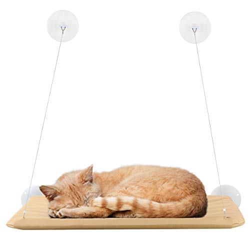 Rehomy Cojín transpirable para colgar en la ventana, para gatos y cachorros, con ventosas fuertes, asiento para mascotas, hamaca alta, color beige