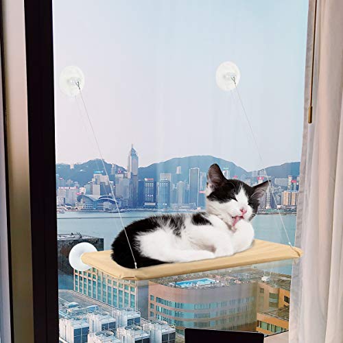 Rehomy Cojín transpirable para colgar en la ventana, para gatos y cachorros, con ventosas fuertes, asiento para mascotas, hamaca alta, color beige